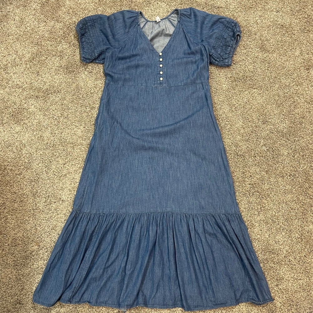 Old Navy Denim Midi Dress Blue Cotton V-Neck Tiered Lace Puff Sleeve Medium